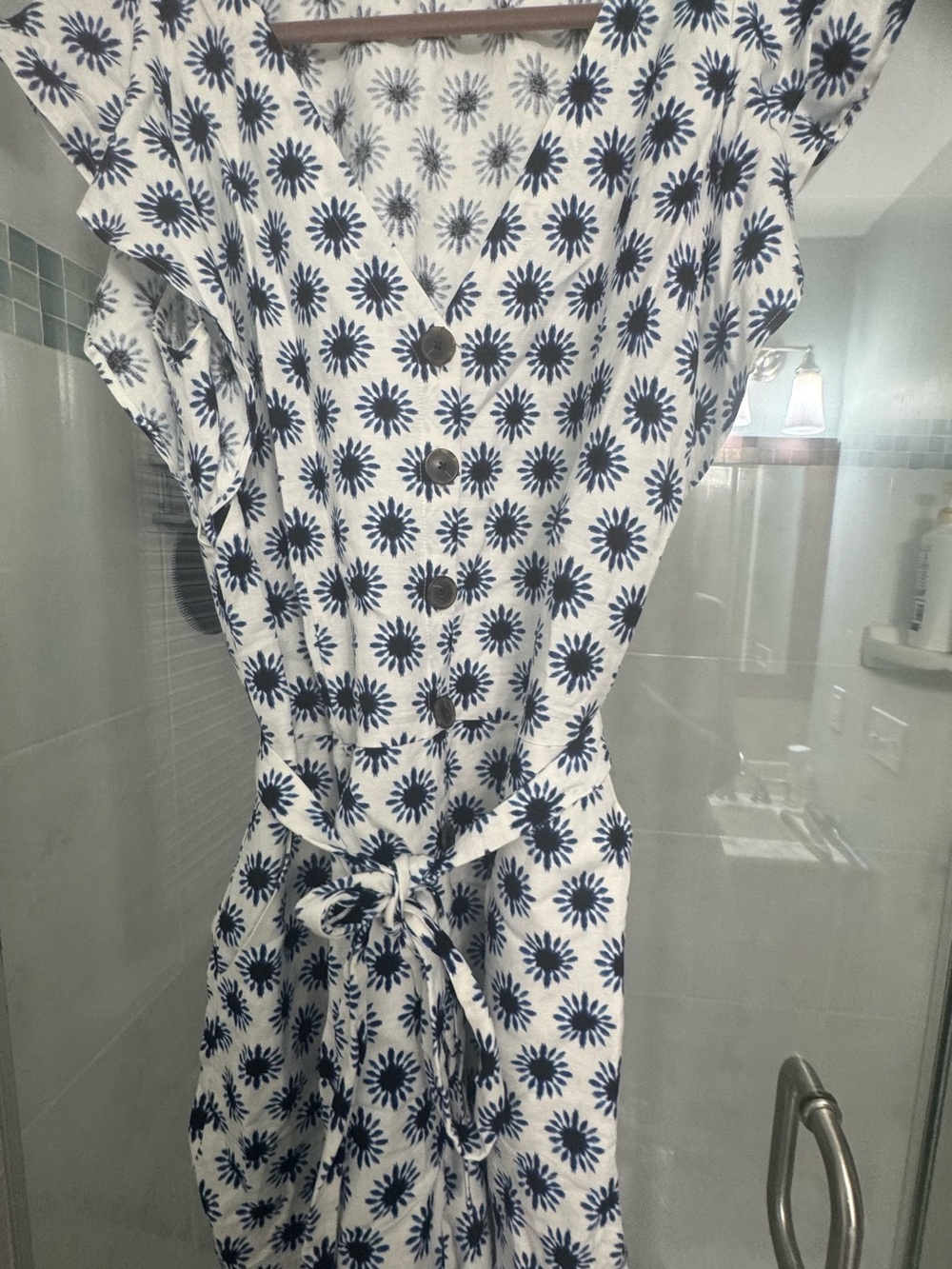 LOFT White Romper with Navy Sunburst Motif